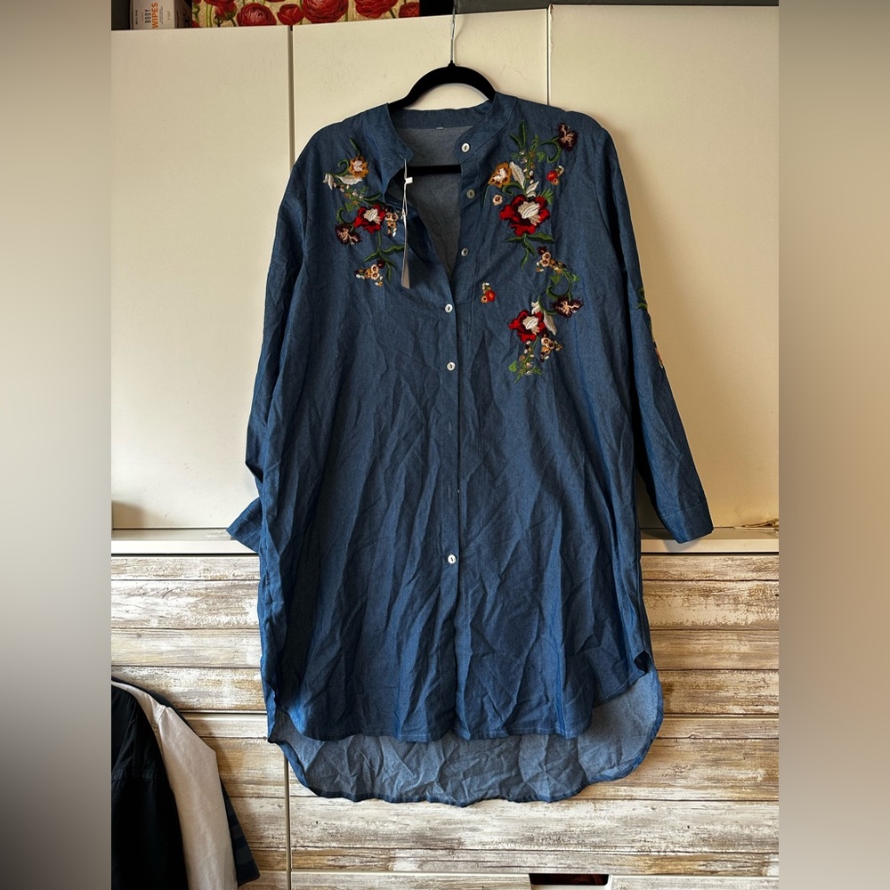 🌸👖 GGUHHU Embroidered Chambray Tunic Dress Size XXL